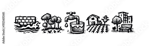 Halftone Doodle Environmental and Agricultural Icons with Water, Forest and Farm Elements