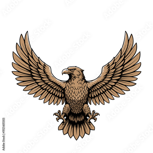 Brown eagle with spread wings in a powerful heraldic illustration