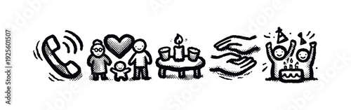 Icons of family connection, support, communication, and happy celebrations in a distressed hand-drawn style.