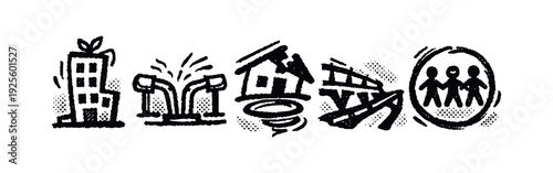 Icons representing environmental impact, natural disasters, infrastructure, and community resilience, in a sketch style.