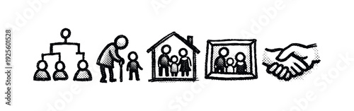 Family structure, generational bonds, home, memories, and partnership icons in a hand-drawn, textured style.