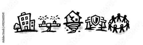 Icons depicting urban life, environmental risks, protection, and community support with a hand-drawn aesthetic.