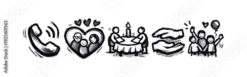 Communication, family connection, support, and celebration icon set in a distressed, hand-drawn sketch style.