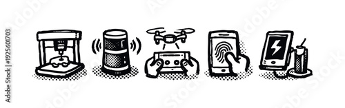 Hand-drawn 3D printing, drone, and mobile security icons