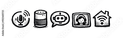 Hand-drawn voice assistant, AI chatbot, and smart home icons
