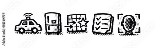 Doodle style smart car, home appliance, and biometric security icons