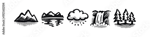 Hand drawn nature and landscape icons set with mountains, lake, rain cloud, waterfall, and trees.
