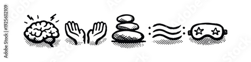 Hand drawn wellness and mindfulness icons set with brain, open hands, zen stones, and sleep mask.