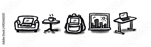 Hand drawn everyday life and home icons set with armchair, coffee, backpack, city window, laptop.