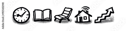 Hand drawn lifestyle and concept icons set with clock, book, smart home, and growing graph.