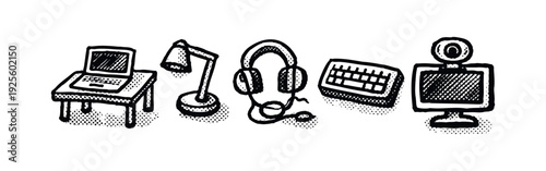 Essential Home Office and Digital Workspace Icons - Hand-Drawn Sketch Collection