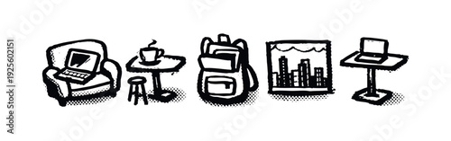 Remote Work and Digital Nomad Lifestyle Icons - Hand-Drawn Sketch Collection