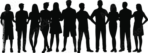 Silhouette of Diverse Group of People Standing Together in a Line on White Background women