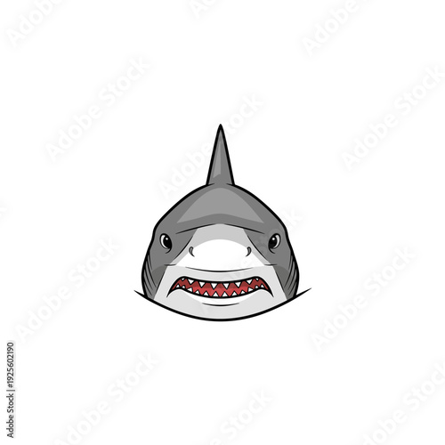 Cartoon illustration of a gray shark head with a dorsal fin and sharp teeth