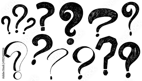 Crayon question marks set. Hand drawn doodle punctuation symbols. Chalk pencil collection of various question marks doubt and thinking elements. Vector marker and crayon drawn graphic icon collection