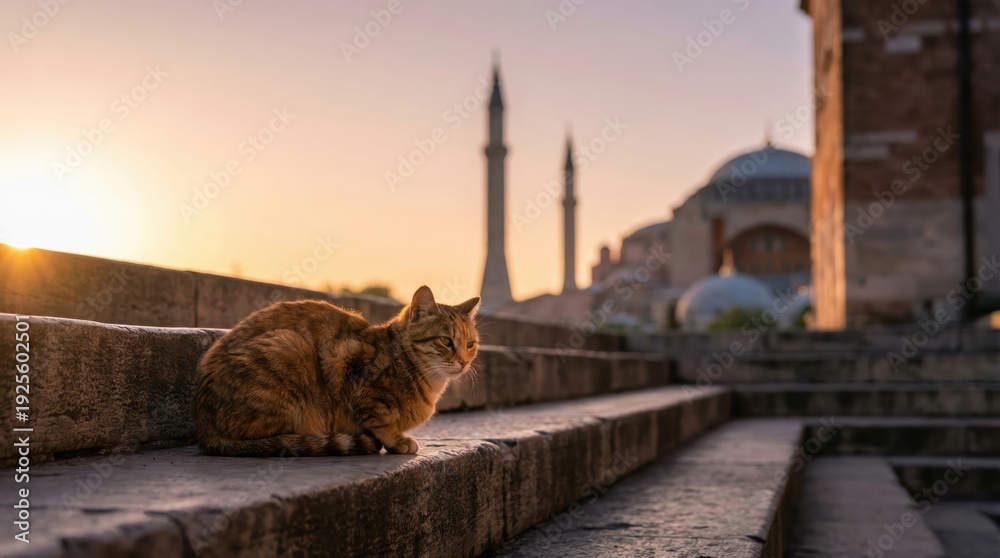 Fototapeta premium Ginger cat relaxing on stone steps with historic istanbul skyline and mosque minarets at sunrise