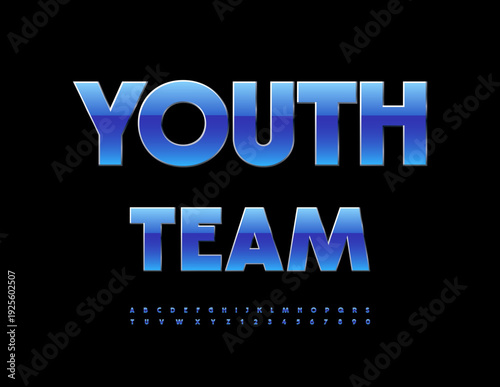 Vector Modern icon Youth Team. Glossy Blue Font. Classic Digital Alphabet Letters and Numbers set