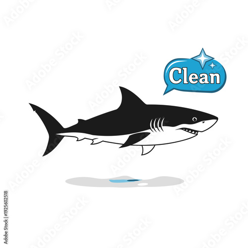 Cartoon shark illustration with 'Clean' speech bubble above a puddle