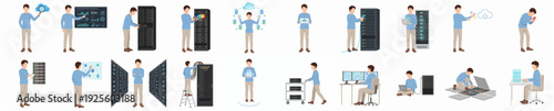 Flat Style Man Working with Server and Cloud Illustration Set
