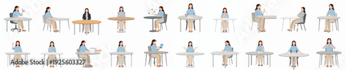 Flat Illustration Various Woman Sitting at Desk in Different Poses Set