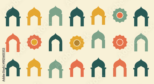 Collection of Islamic Archways and Geometric Floral Motifs in Warm Colors.