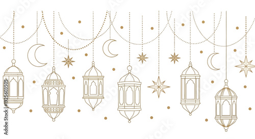 Islamic Lanterns and Crescent Moons Hanging Decorative Elements.