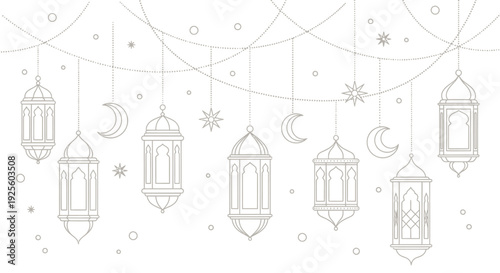 Islamic Lanterns and Crescent Moons Hanging Decorative Elements.