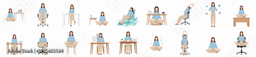 Flat Illustration Set of Woman Practicing Meditation in Various Postures