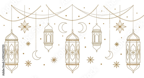 Islamic Ramadan Lanterns and Crescent Moons Decoration.