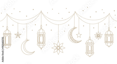 Ramadan Islamic lanterns and crescent moon decorations hanging on a string.