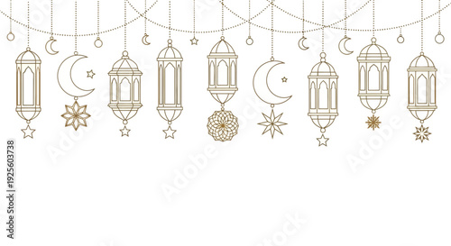 Ramadan lanterns and crescent moons hanging on a string with lights.