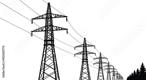 Silhouette of Electrical Power Line Towers and Trees in a Row on White Background lines