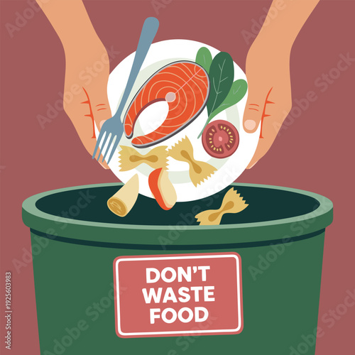 Dont waste food poster. Hands throwing away food from plate into garbage bin. International Day of Awareness of Food Loss and Waste, leftover disposal, recycling concept banner vector illustration