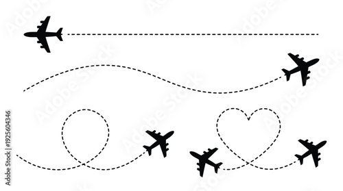 Several black silhouette airplanes trace various dotted flight paths including curves and a heart shape across a white background.