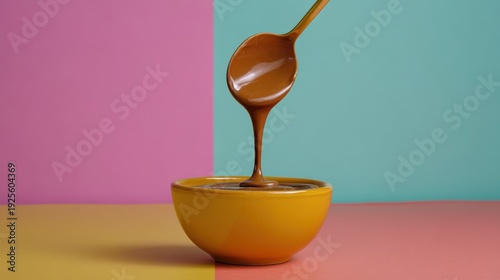 Wallpaper Mural Golden custardspoon dripping into empty bowl on lemon background with calm magenta glow Torontodigital.ca