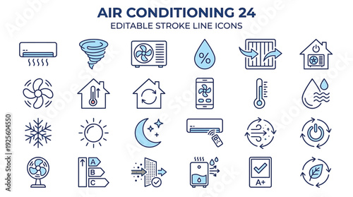 Various blue and gray line icons depict essential air conditioning and climate control functions, such as cooling units, humidity, temperature, and energy efficiency ratings.