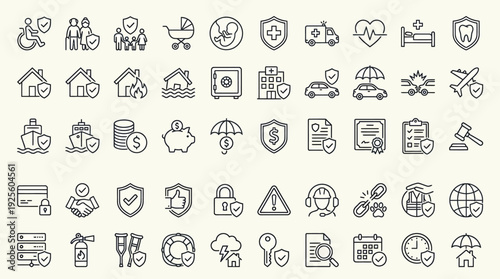 A comprehensive set of linear stroke icons illustrates diverse concepts related to personal and property insurance coverage, including health, auto, and home protection.