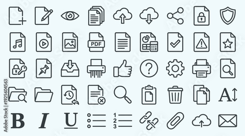 A collection of monochrome outline icons representing various digital file management and text editing functions is displayed on a light background.