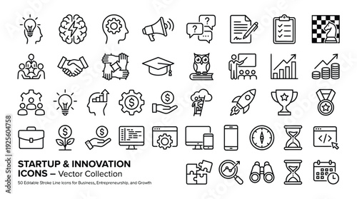 A comprehensive set of startup and innovation line icons illustrates concepts related to business development, success, education, and technology initiatives.
