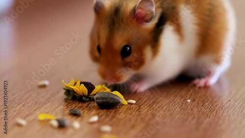A small rodent with brown, white fur feasts on sunflower seeds and petals, on wooden surface