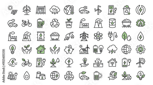 A large assortment of sixty renewable energy and sustainability icons features symbols for solar power, wind turbines, recycling, and environmental protection efforts.