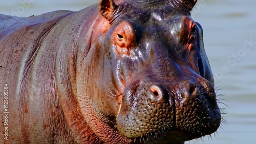 Close-up shot of a hippopotamus, showcasing its textured skin, eye, ear, and nose. Water in background