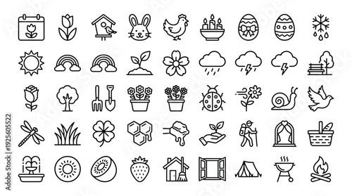 Numerous simple stroke icons depict objects and themes associated with the springtime season, including nature, gardening, and holidays.