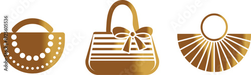 Three luxury golden handbag icons featuring elegant patterns ribbons and metallic gradients for premium fashion and accessory design.