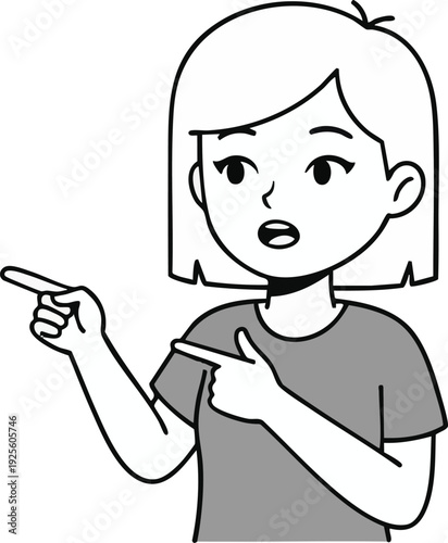 A cartoon woman points to the side with a questioning expression on her face Vector
