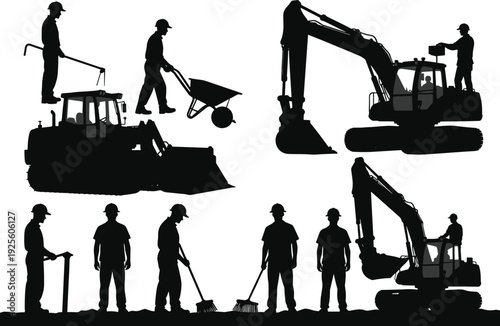 Construction workers and heavy equipment silhouette set vector illustration, excavator bulldozer laborers working on building site isolated on white background
