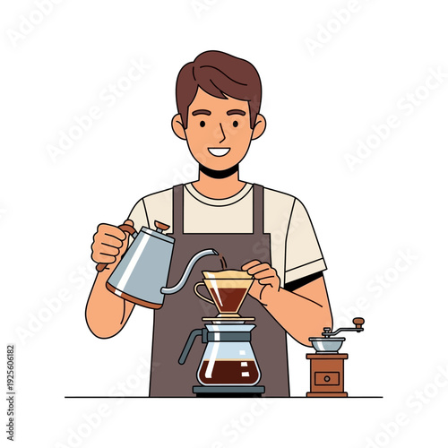 Barista making pour over coffee, close up, detailed illustration, coffee brewing process