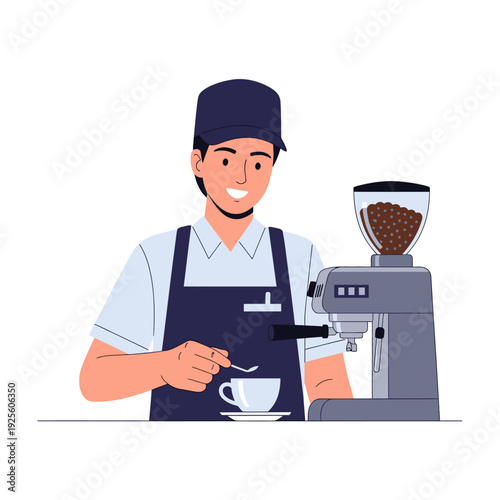 Barista preparing coffee with espresso machine and coffee grinder, serving a cup