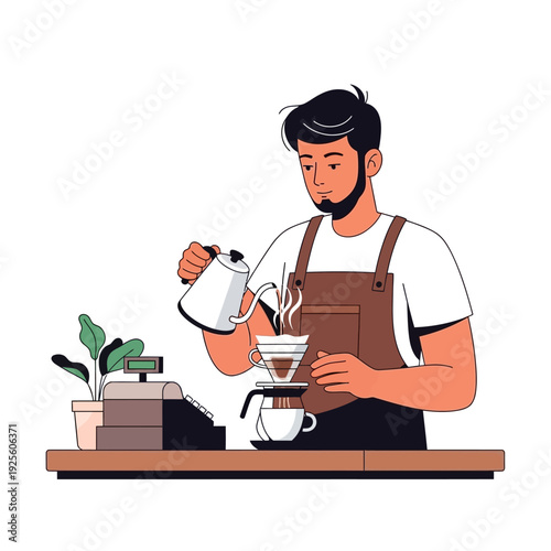 Barista making pour over coffee at counter with cash register and plant