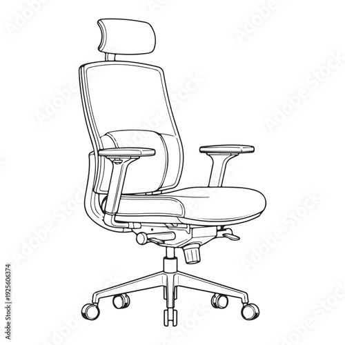 Vector Line Art Drawing of Ergonomic Office Chair with Casters